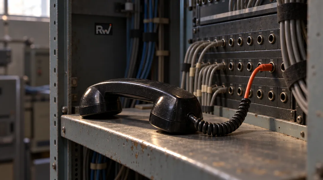 A black telephone handset rests on a worn metal shelf beside a panel of cables and sockets, with an RW logo.