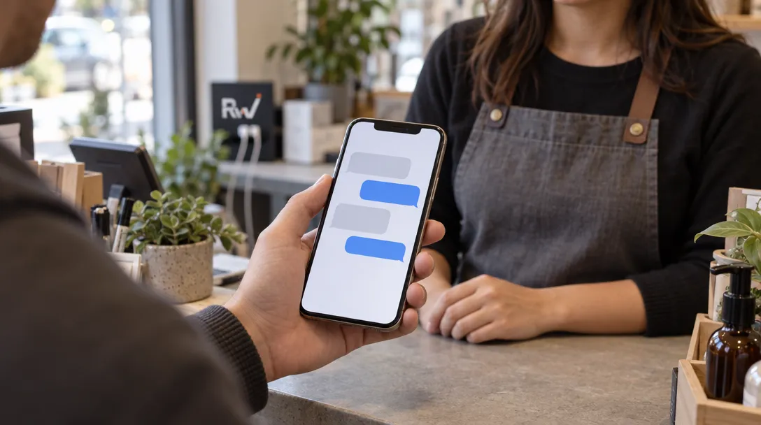 A person holds a smartphone with blue and gray chat bubbles while a woman in a gray apron stands behind a counter.