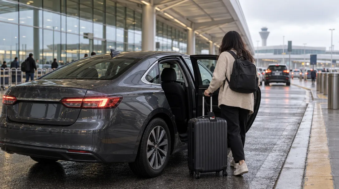 An unmarked car pauses at an airport terminal curb beside a traveler with luggage, illustrating Waymo’s reported SFO drop-off test.