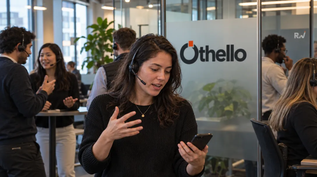 A sales representative speaks through a headset on a busy sales floor beneath an Othello sign.