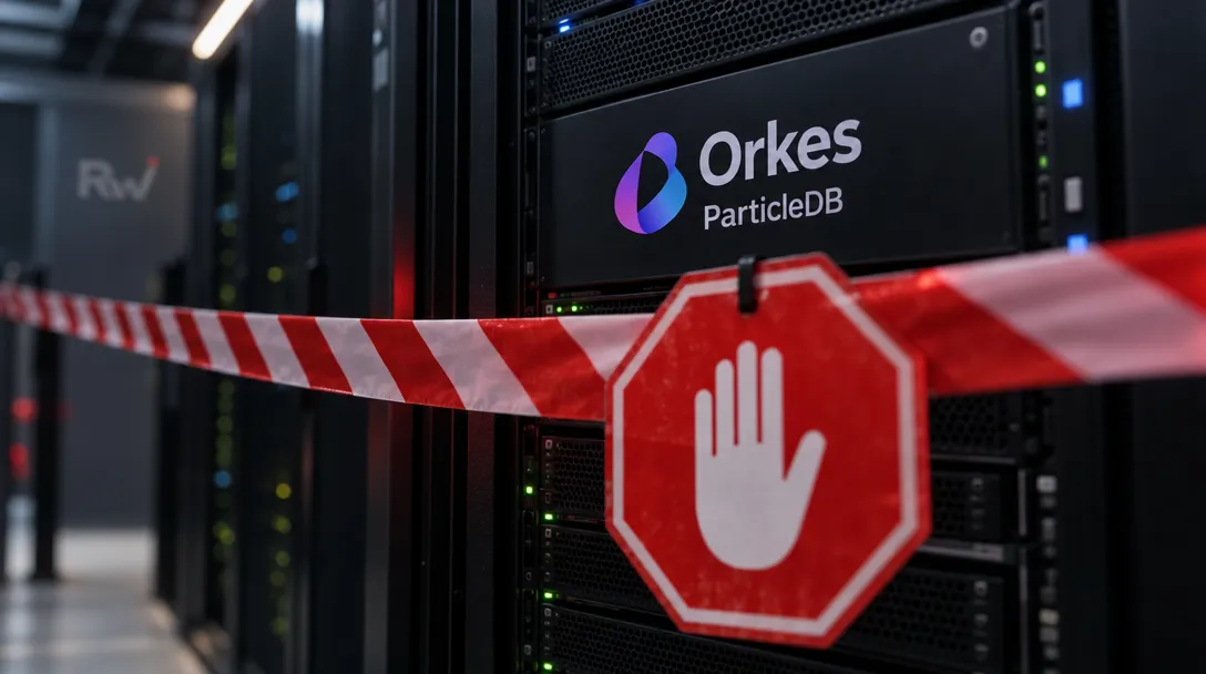 Red-and-white barrier tape and a red stop-hand sign cross server racks labeled “Orkes ParticleDB,” with indicator lights glowing.