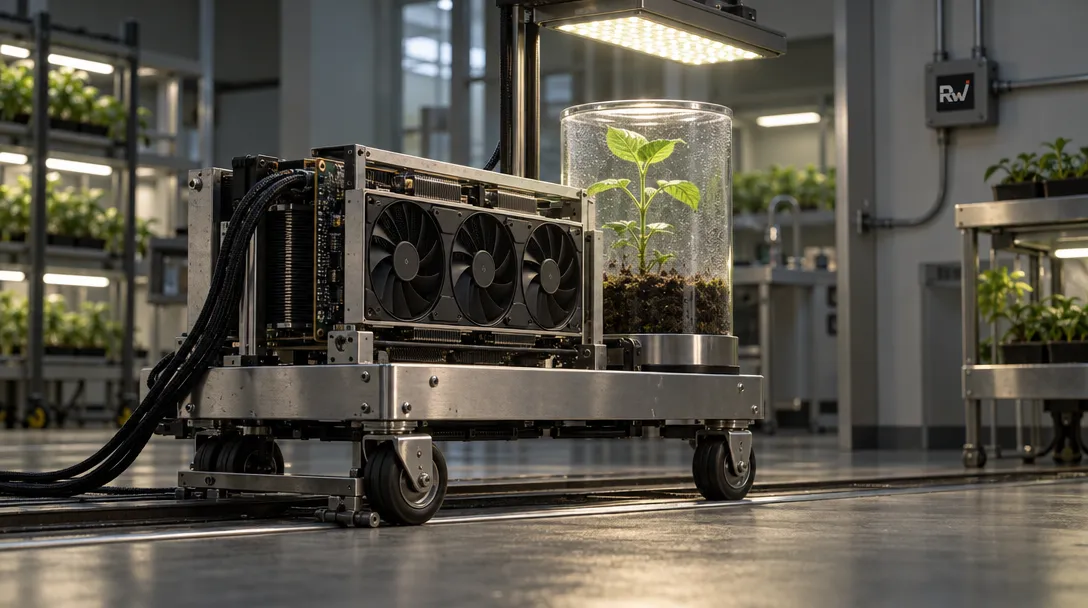 A three-fan graphics card and a leafy plant in a clear cylinder sit on a wheeled metal cart under a lamp; a wall sign reads “RW.”