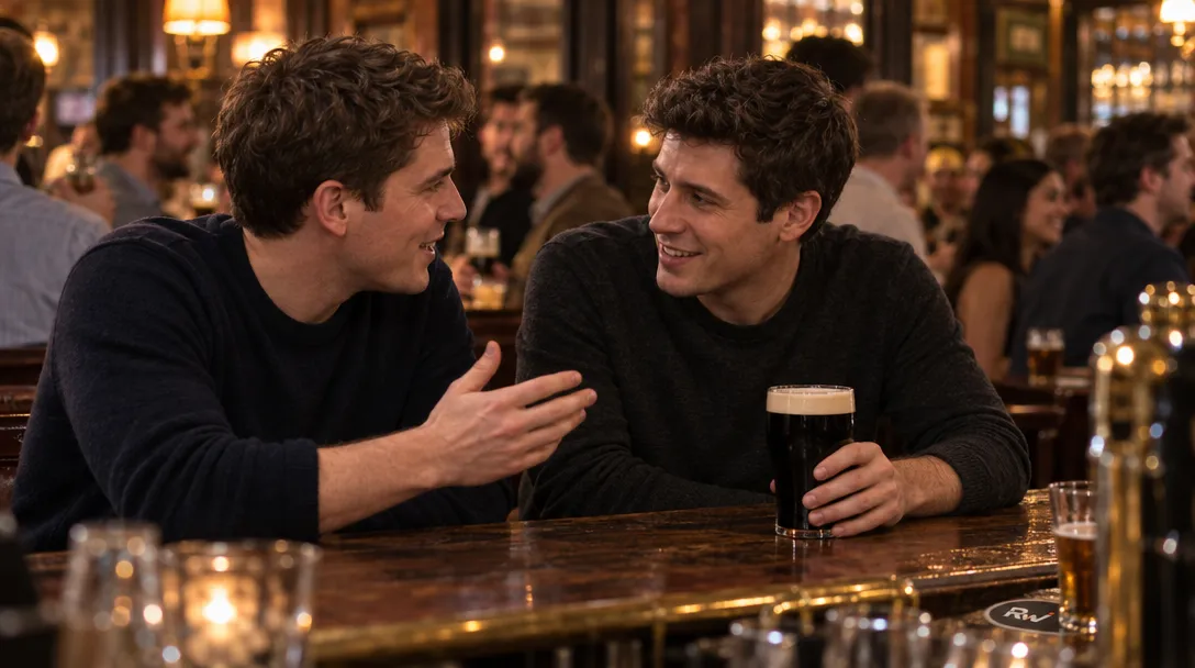 Two men in dark sweaters chat at a wooden bar; one gestures while the other holds a pint of dark beer.