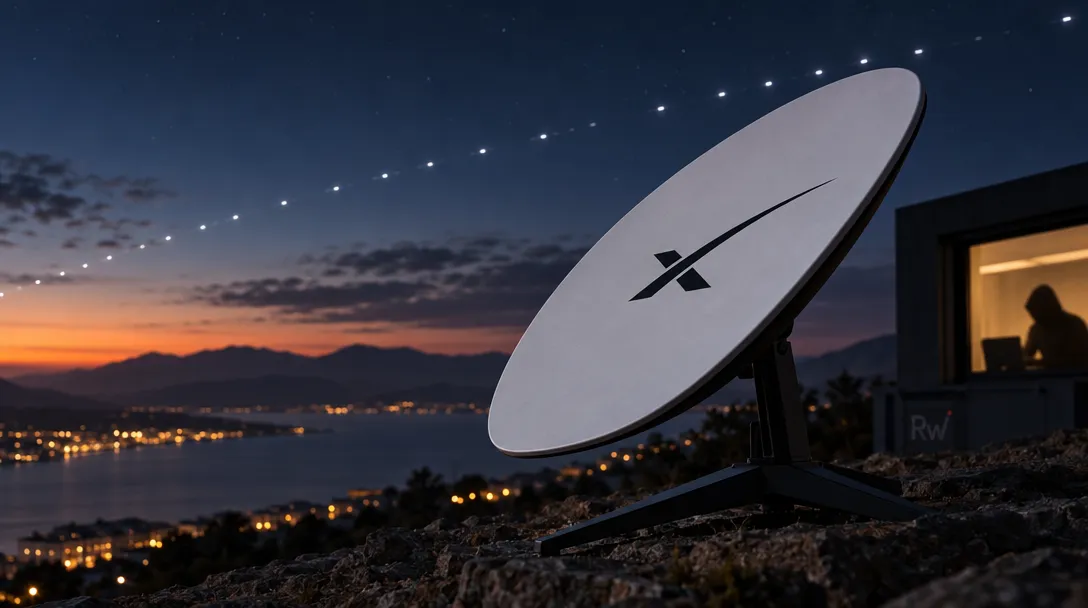 A white oval dish with a black X-shaped mark stands on rocks above a coastal town at sunset, beneath a dotted line of lights in the sky.