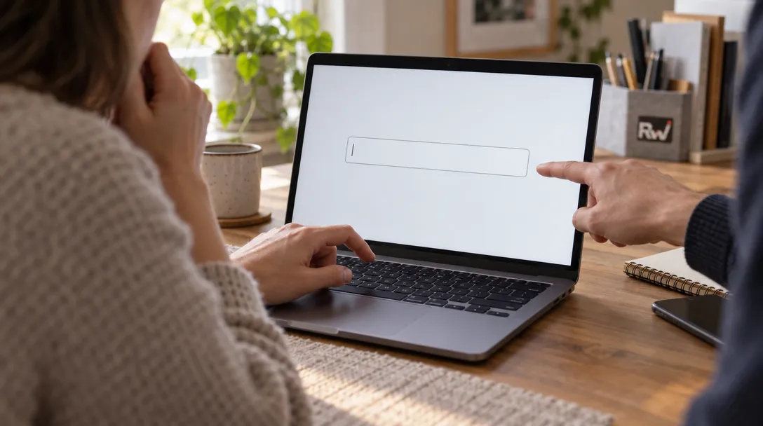 A hesitant user hovers over a laptop keyboard while another person points to an empty prompt box on the screen.