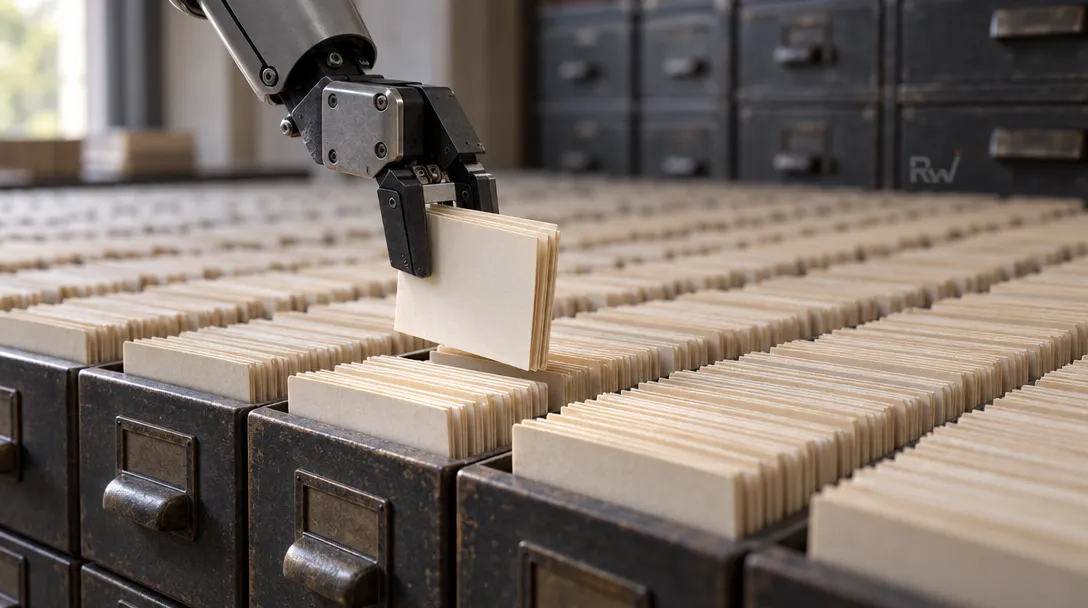 A small robotic gripper pulls a few index cards from a vast archive of database records.