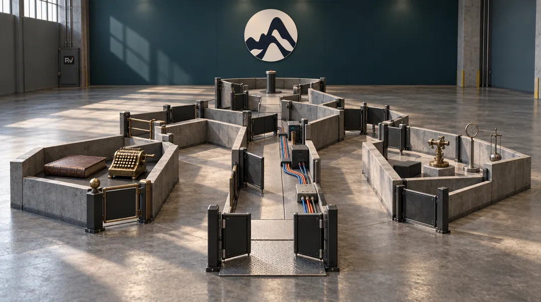 A branching training course with finance, coding, and research cues stands beneath a Sherpa Labs sign.