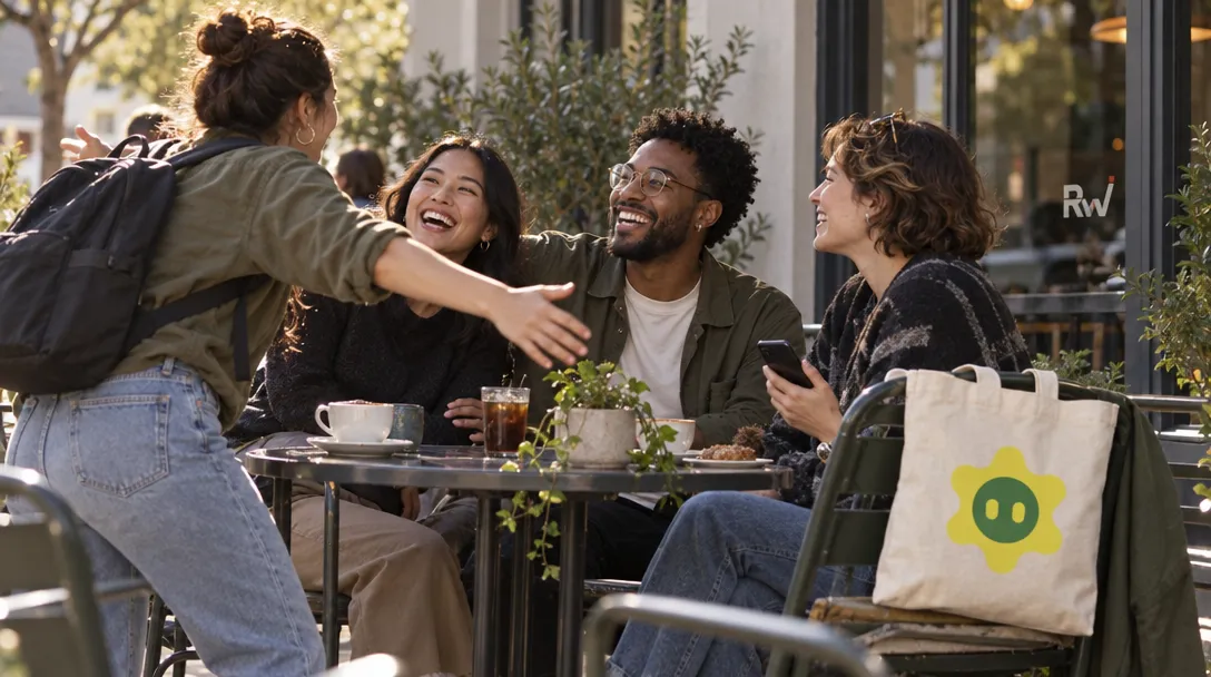Friends gather at an outdoor café, with a Tomo-branded tote beside them.