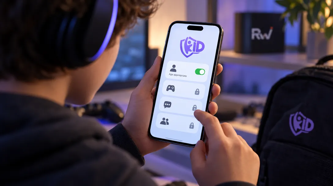 A person wearing headphones taps a phone displaying a purple KID shield logo, an enabled “Age appropriate” toggle and locked game, chat and group icons; a backpack bears the logo.