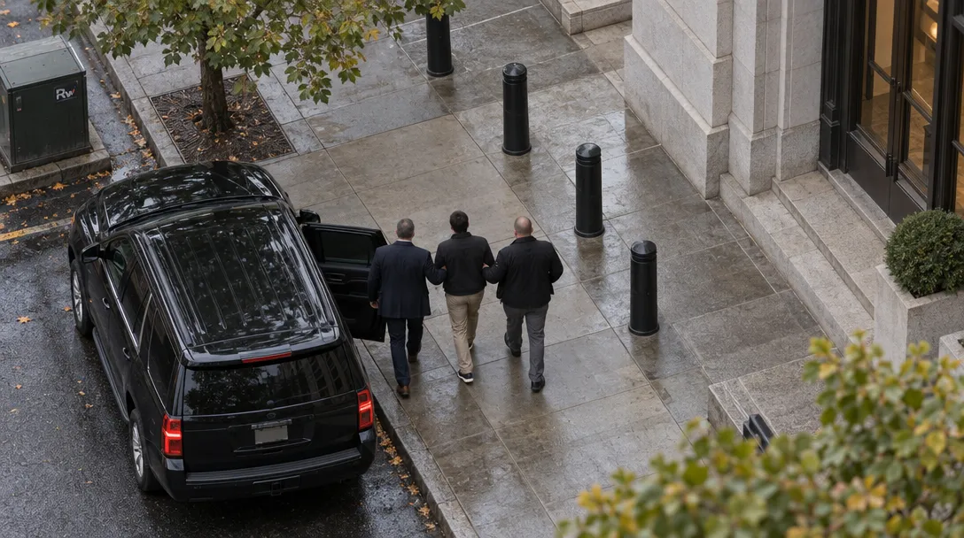 An unidentified man is escorted by two plainclothes agents toward an unmarked SUV outside a government building in Washington, D.C., evoking Ian Brinksman’s reported arrest.