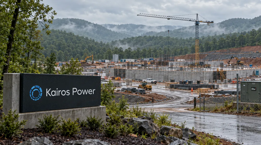 A Kairos Power sign stands beside a concrete construction site among wooded Tennessee hills.