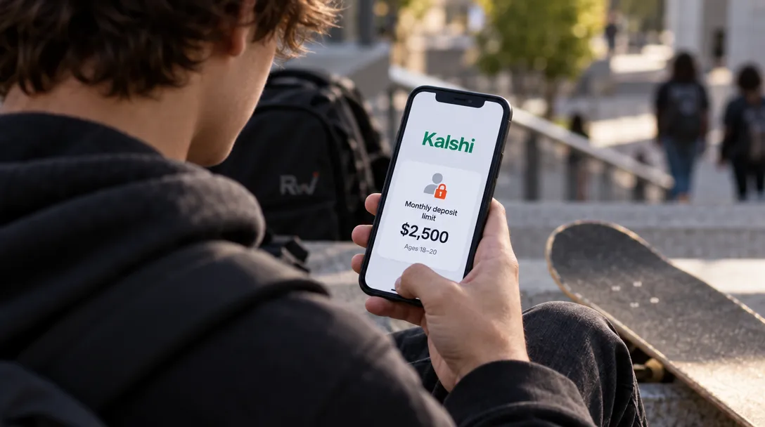 A person in a dark hoodie holds a phone displaying the Kalshi logo and a $2,500 monthly deposit limit for ages 18–20, beside a skateboard.