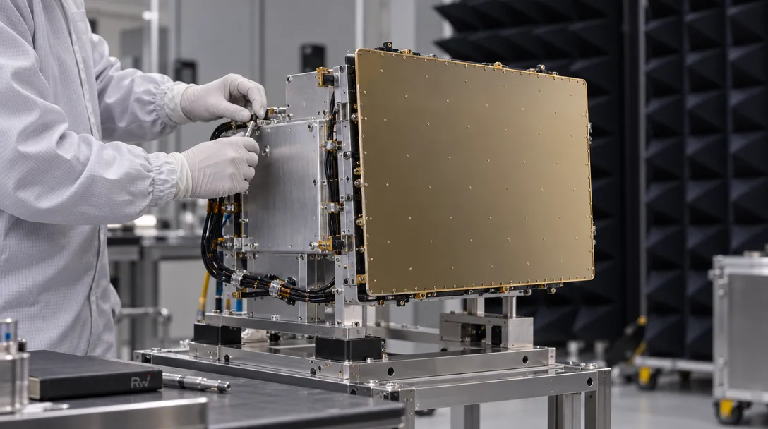 A generic satellite radar-payload assembly sits on a cleanroom stand as a technician works beside it.