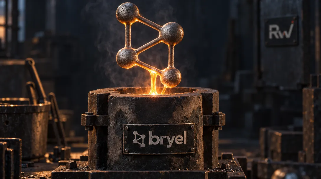A branching metal lattice emerges from a foundry mold beside a Bryel sign.