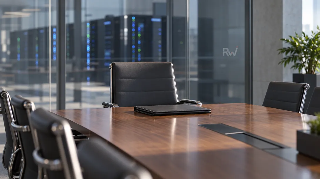 An empty chair at the head of a boardroom table represents Matt Cohen joining Keyfactor’s board.