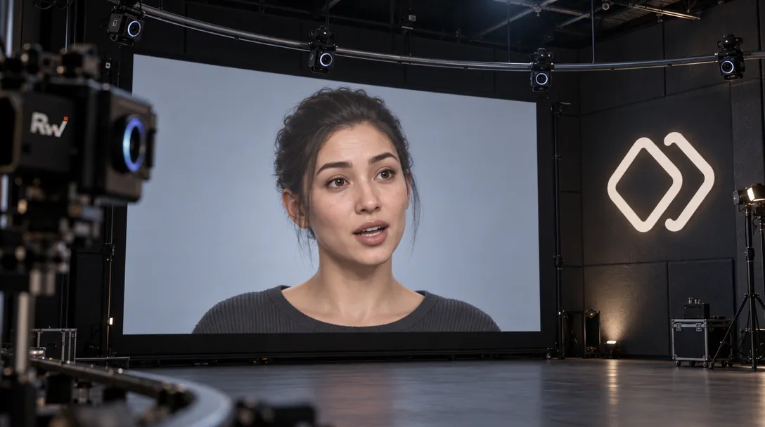 A lifelike digital avatar speaks on a studio projection as capture cameras move nearby and a Keyframe Labs sign hangs on the wall.