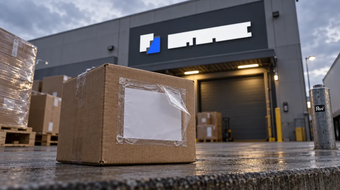 A Keystone-branded dispatch building stands behind shipping boxes, including one with an exposed blank mailing label.
