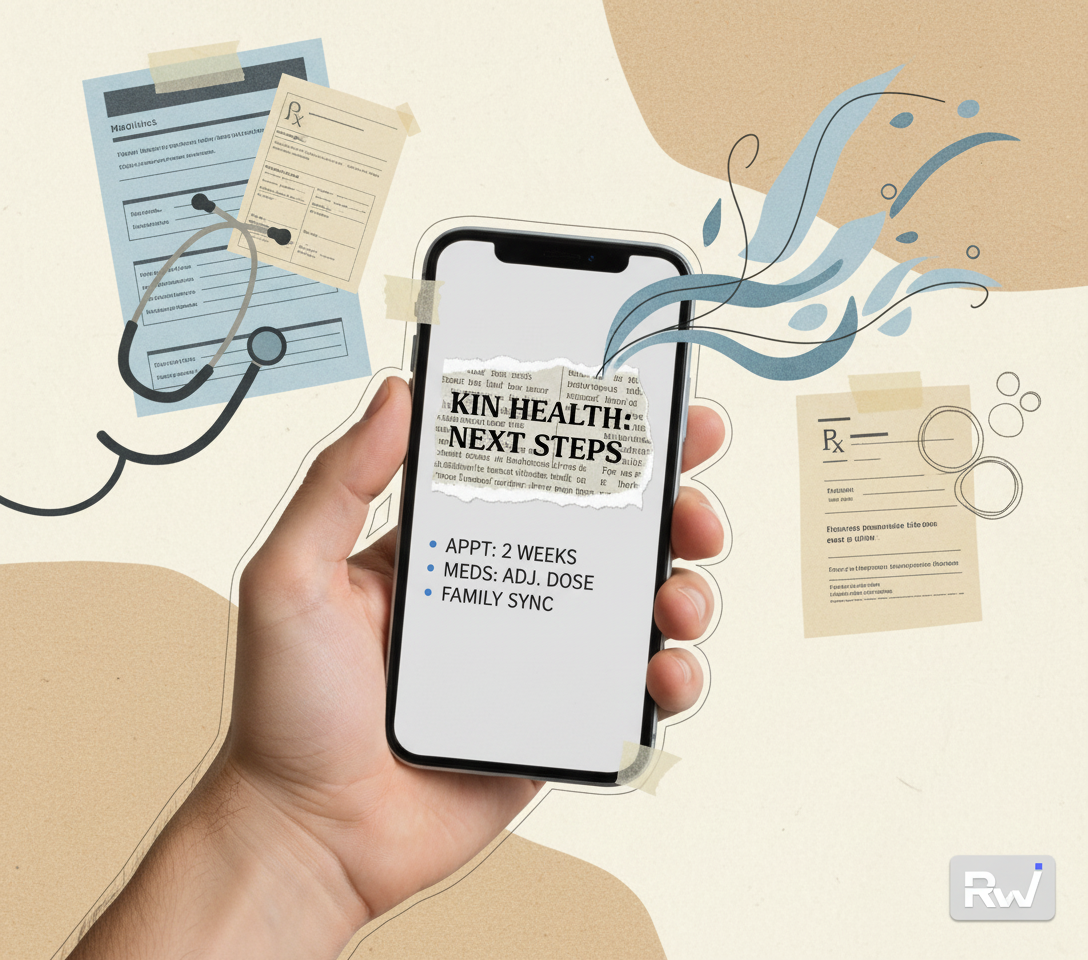 A patient's smartphone acting as an AI notetaker during or after a clinic visit, emphasizing information clarity and family connection. (Mixed-media paper collage, combining photographic cutouts of hands and a smartphone, torn newsprint or