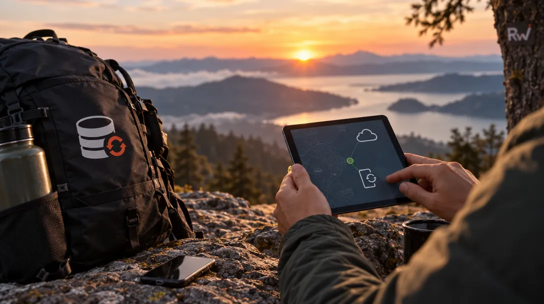 A person holds a tablet beside a backpack, thermos, phone and cup on a rocky overlook at sunset; “Rw” is visible on a tree.