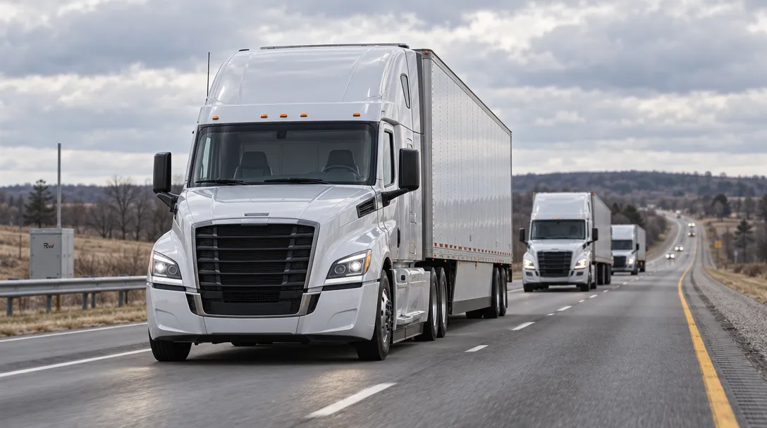 Three white semi-trucks drive along a multilane highway beneath a cloudy sky.