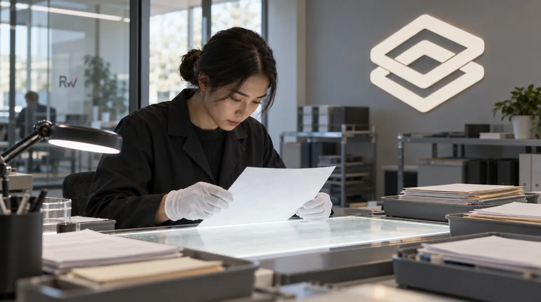 A document examiner checks a sheet of paperwork at an inspection table beneath an Extend sign.