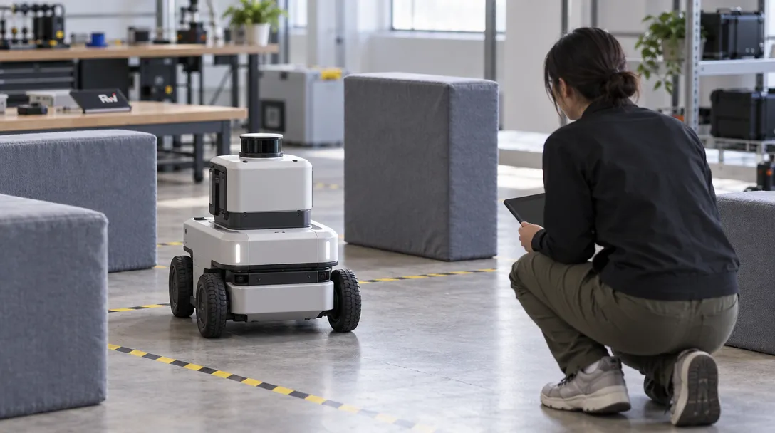 A generic mobile robot moves through a padded test space as a technician watches nearby.