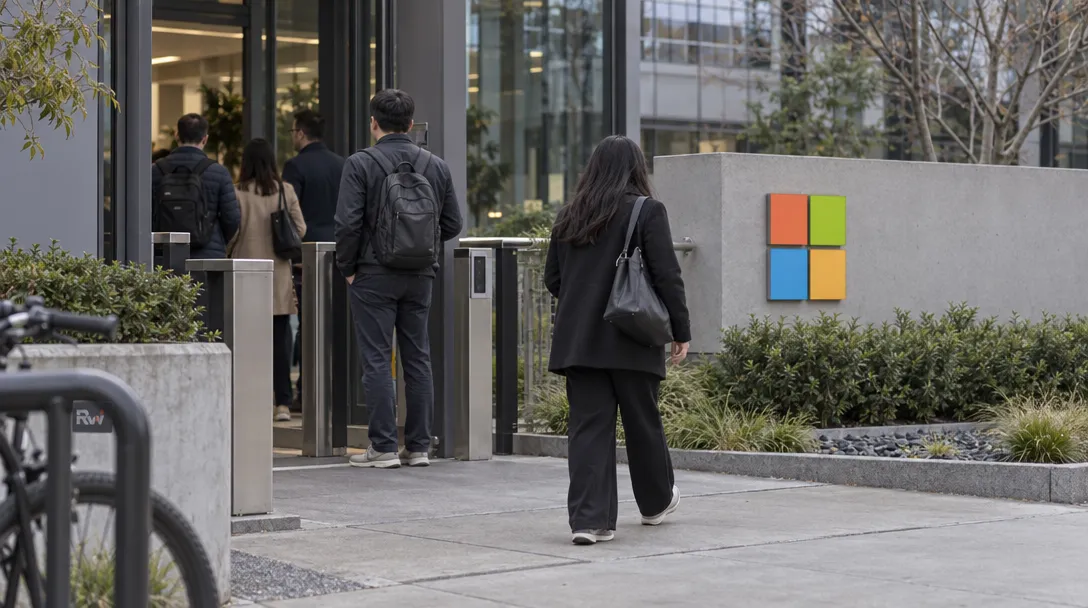 Several people walk toward a glass building entrance beside the four-color Microsoft logo.