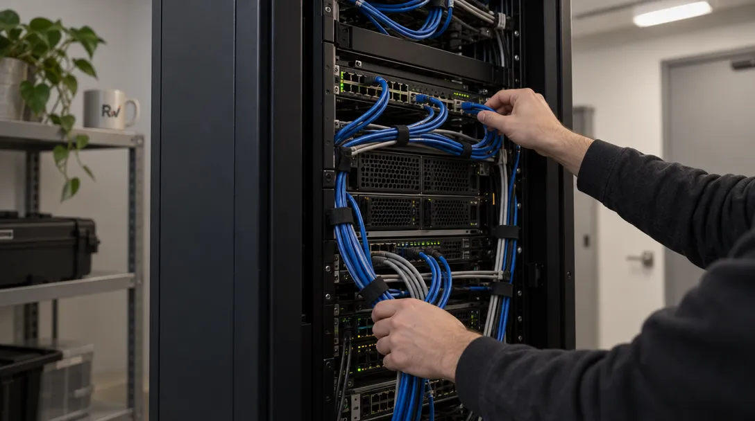 Lean SuperIntelligence’s on-prem cyber models are represented by a compact server rack as a technician checks and secures its network cables.