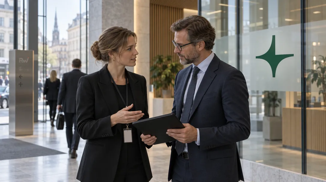 Two legal professionals talk in a public glass lobby beneath a Legora sign as other businesspeople pass behind them.