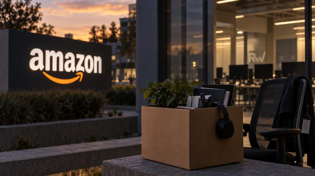 An Amazon sign stands beside a glass office, with a box of desk items and a headset on a stone ledge beside an empty chair.