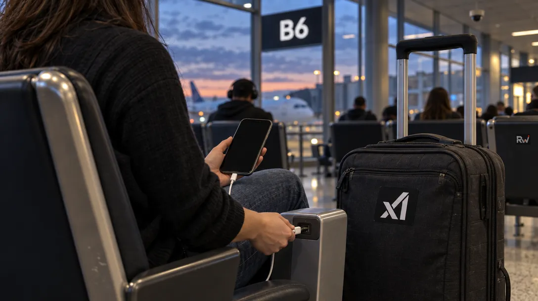 A seated person charges a phone beside a black rolling suitcase marked X1, beneath gate sign B6.