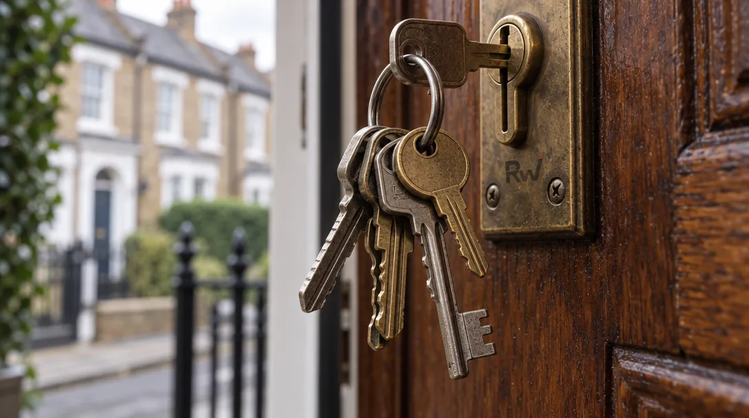A ring of metal keys hangs from a brass lock marked “Rw” on a wooden door, with buildings and railings beyond.