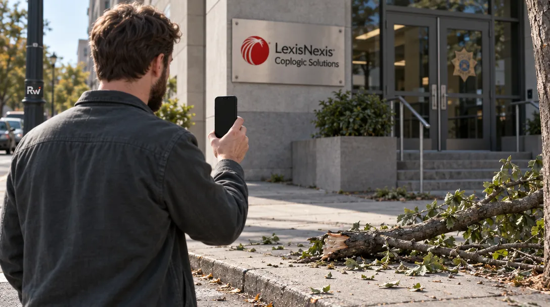 A man holds up a phone outside a building marked “LexisNexis Coplogic Solutions,” with fallen branches across the sidewalk.