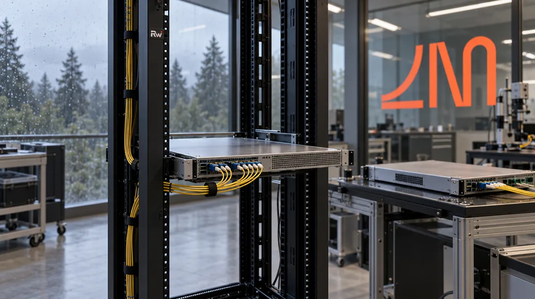 A slim Lightmatter photonic-switch tray sits in an open rack beside a separate XPU proof-of-concept tray in a rain-lit validation lab.