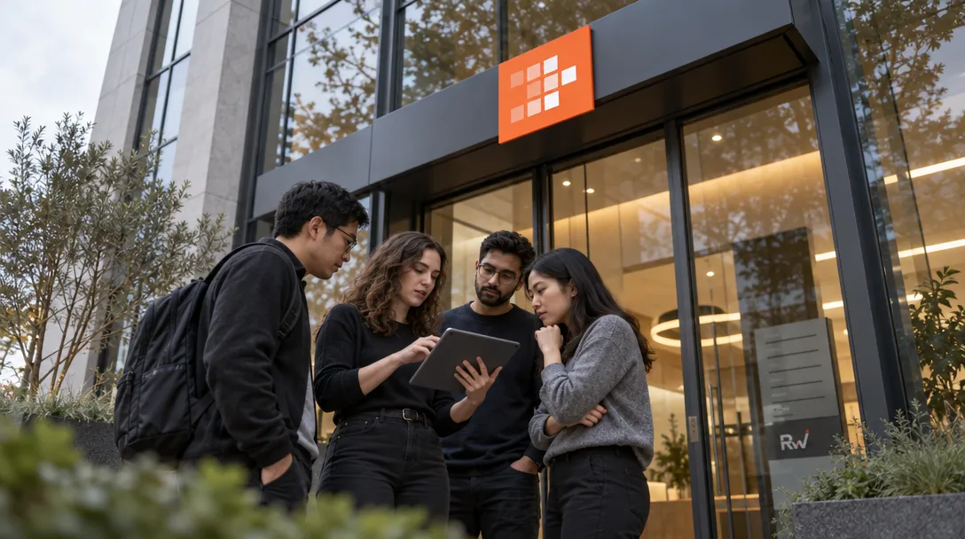 Engineers review a tablet together inside a glass-fronted LightSprint office.