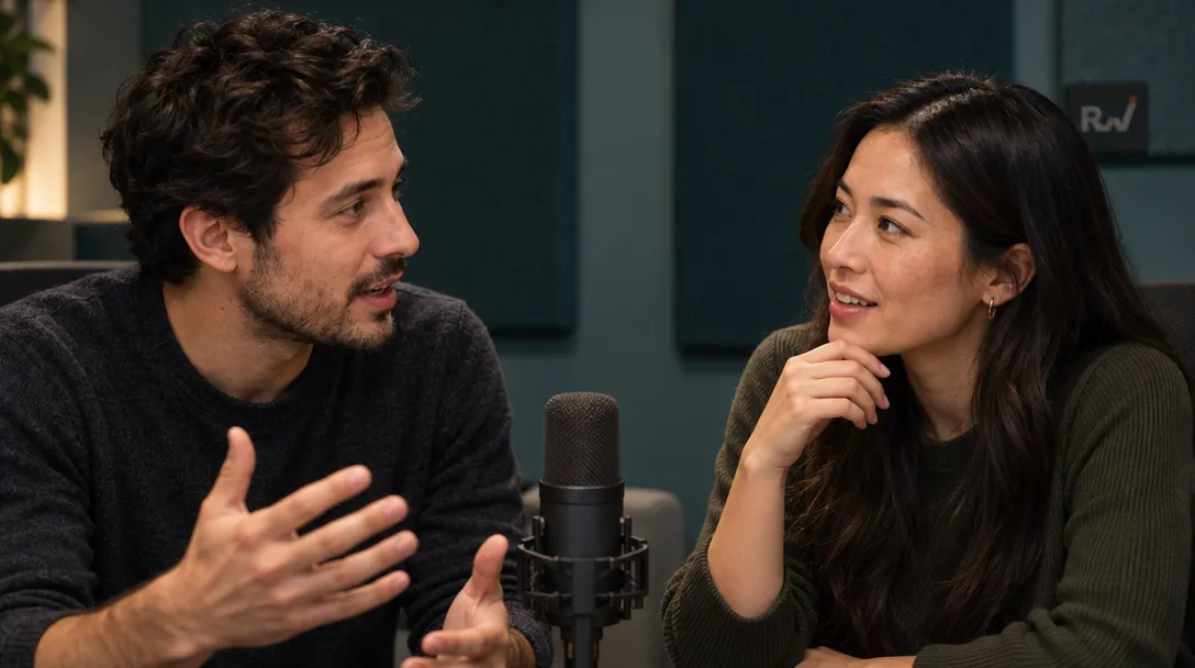 A man gestures while speaking with a woman seated beside a microphone.