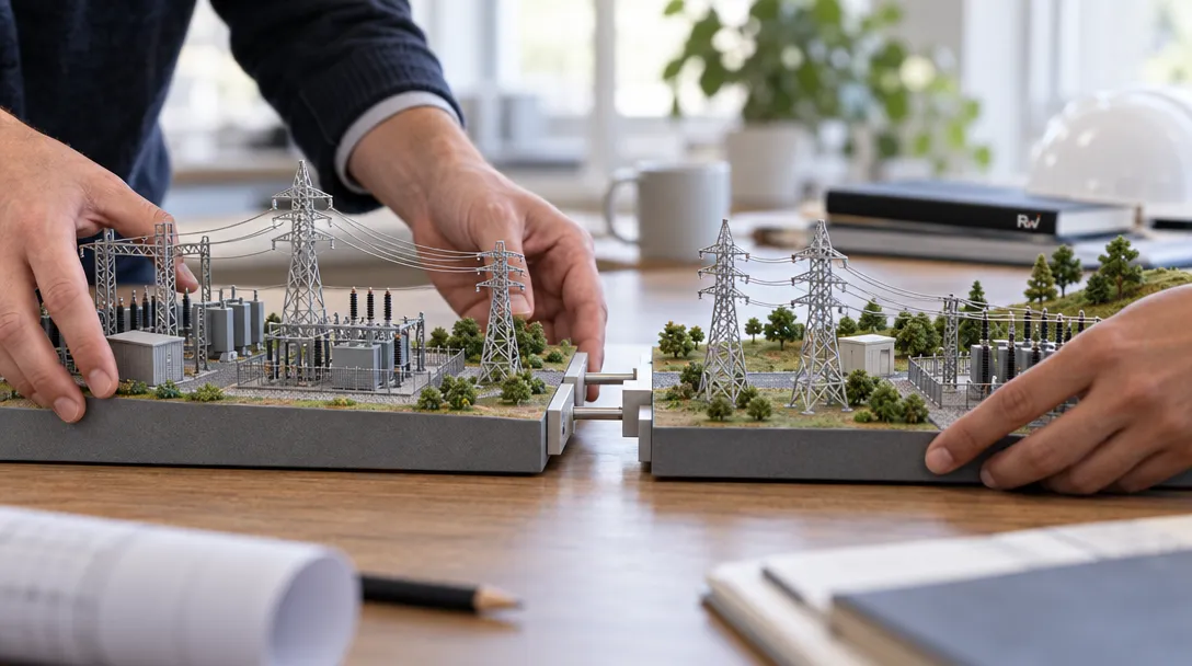 A tabletop electric-grid model shows two network sections being joined through a shared interface as planners’ hands align them.