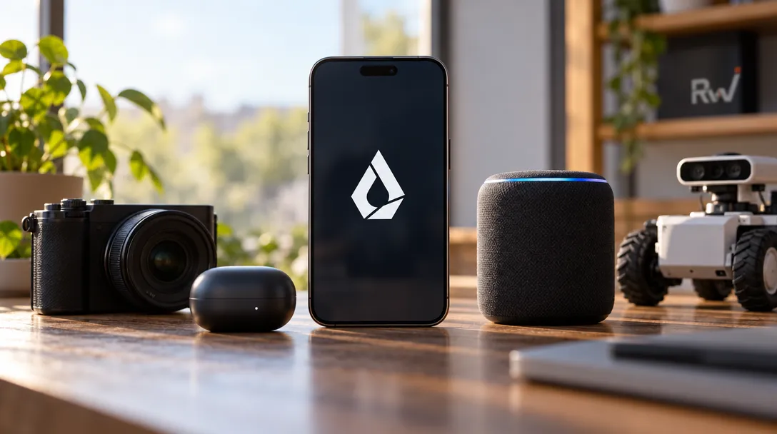 A phone displaying a white geometric logo stands between a camera, two black speakers, and a small tracked robot.