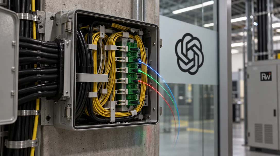 Three blue, green, and red fiber-optic strands emerge from an open network junction beside an OpenAI wall sign.