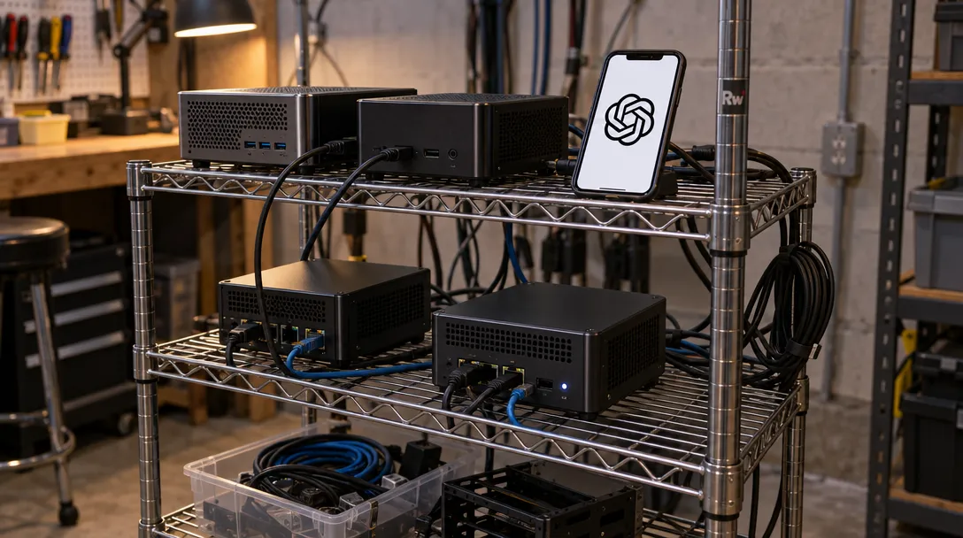 A partly assembled cluster of compact computers sits on a wire rack beside a phone displaying the OpenAI logo.