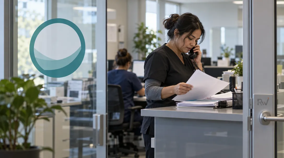 A medical billing specialist speaks on a phone inside a LunaBill-branded claims office, seen through a glass partition.