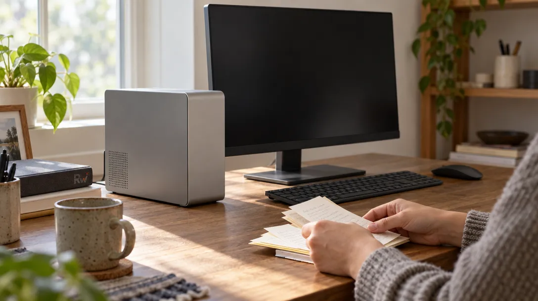 A person's hands gather handwritten notes beside a small unbranded computer on a home desk.