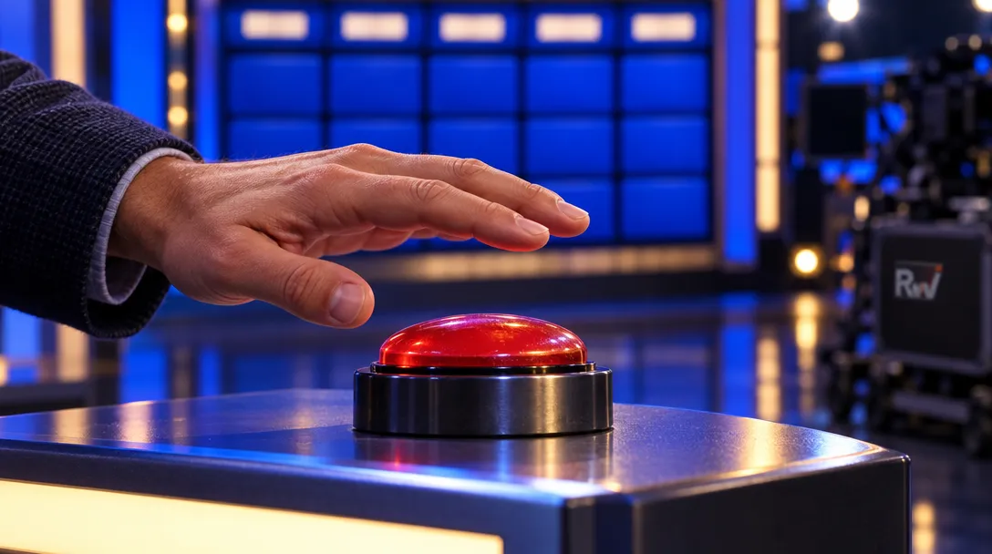 A contestant’s hand hovers over a red buzzer on a blue-lit Jeopardy stage.