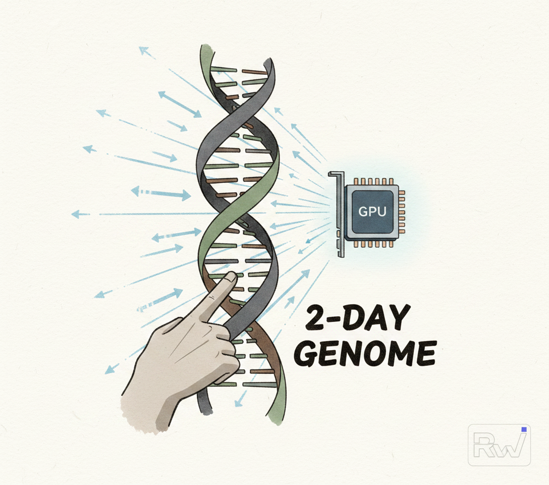 AI model rapidly processing a DNA helix on a single GPU (Hand-drawn editorial illustration)