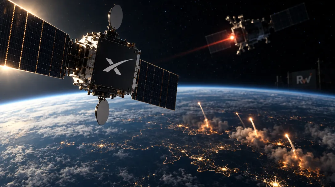 A satellite with an X logo and solar panels floats above Earth, with another satellite and bright fiery streaks below.