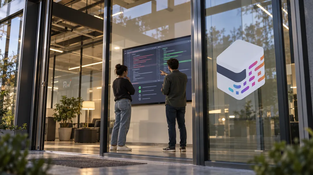 Two engineers review a software change on a wall display inside a glass-walled studio marked with the mabl logo.