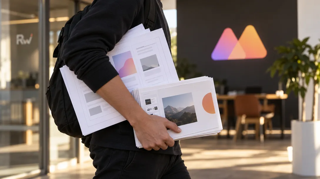 A person in black clothing carries a backpack and a stack of printed pages beside a glowing multicolored logo, chairs, tables, and potted plants.