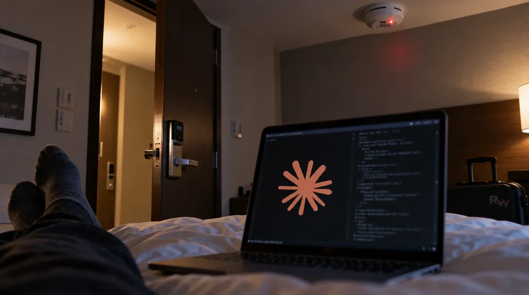A laptop showing an orange starburst beside code sits on a bed near socked feet, an open door, and a suitcase.