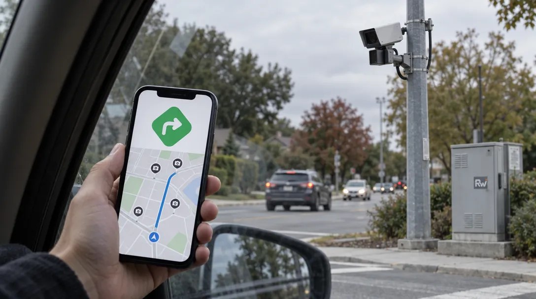 A phone displaying a MapQuest map faces a roadside license-plate camera through a car window.