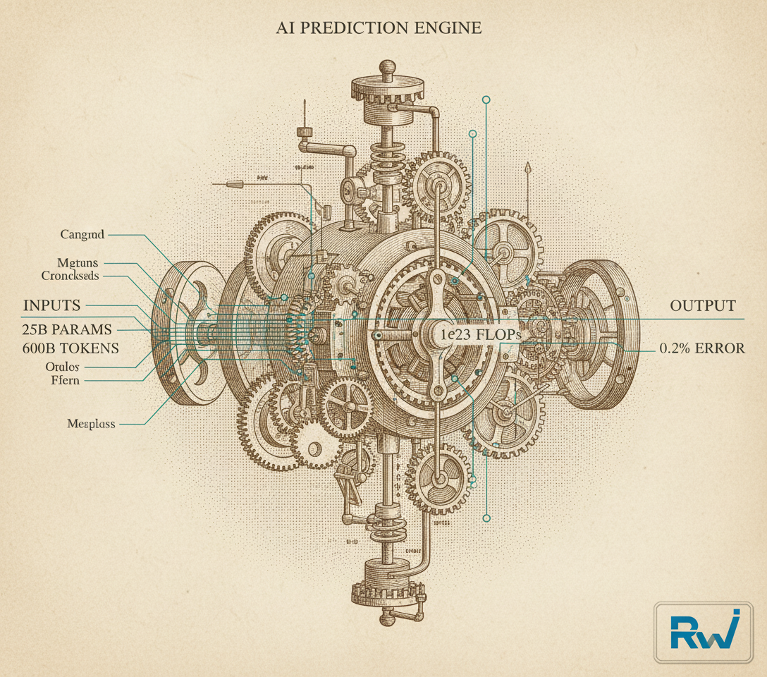 An intricate forecasting mechanism predicting large-scale AI training parameters with high accuracy (Vintage scientific illustration — engraved plate from a 19th-century journal, sepia ink on cream paper, with subtle teal line work for comp